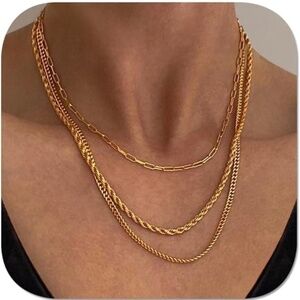 GOLD 14k Gold Plated 3pc Rope Chain Necklace Set